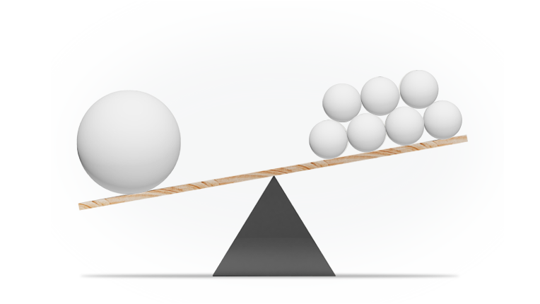 One large sphere balancing with 6 smaller spheres on a fulcrum. 